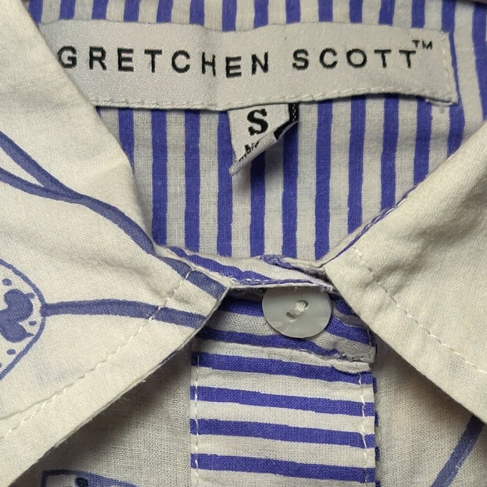 Gretchen Scott Blue and White Paisley Leaves 3/4 Sleeve Cotton Blouse SI… - Picture 2 of 4